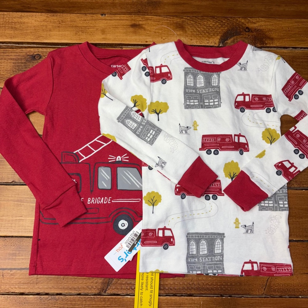 Carter's Pajama Tops Toddler 4T Red White Fire Truck Fire Station 2 Pack NEW